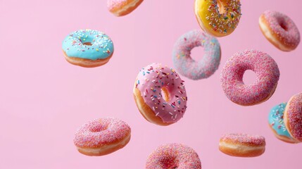 Fototapeta na wymiar Flying Donuts, a Mix of Multicolored Doughnuts with Sprinkles, Creating a Playful Composition Against a Pastel Pink Background.