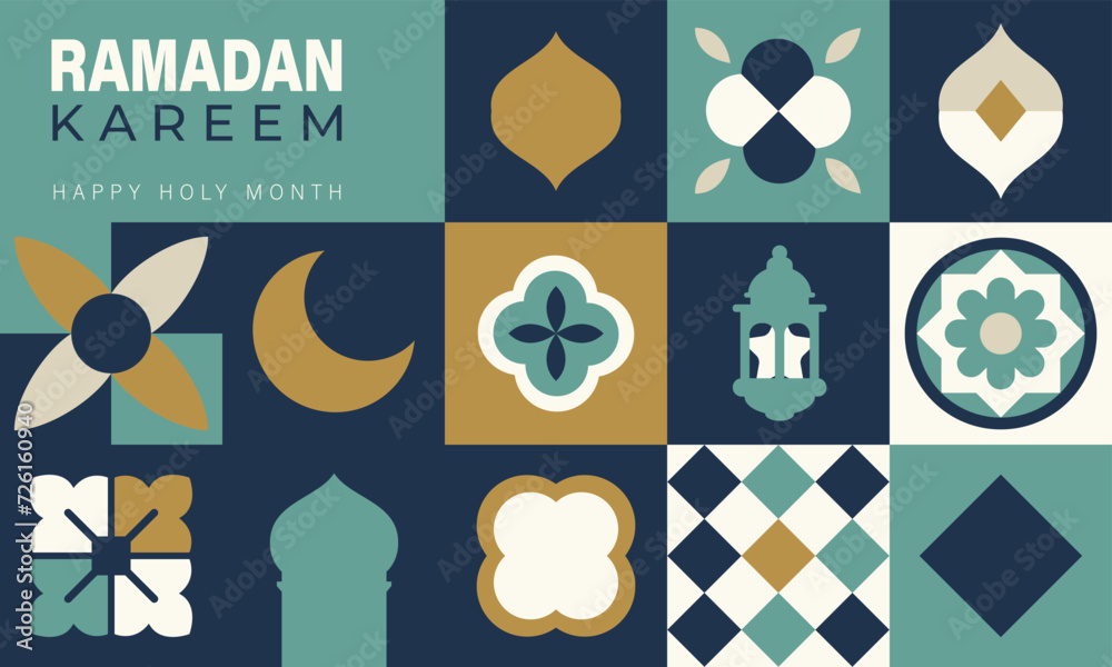 Wall mural Islamic festival poster background design in flat geometric style, arabic calligraphy, crescent moon and lantern. Suitable for Ramadan Kareem , Hari Raya, Eid Mubarak, Eid al Adha.