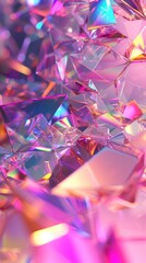 A Background adorned with Glass Shards, Reflecting a Spectrum of Rainbow Reflexes in Pink and Purple Hues. Abstract Pattern, Magical Effect.