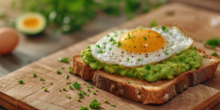 A Macro Photo of Toast Adorned with Guacamole and a Perfectly Fried Egg, Intended for the Tempting Display on a Restaurant Menu.