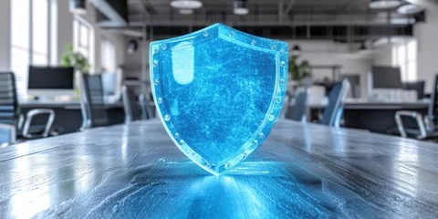 Foto op Canvas Digital Protection, A Transparent Digital Shield Superimposed on a Blurred Office Background, Emphasizing Security in the Digital Workplace. © MdImam