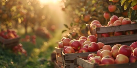 Golden sunshine over bountiful apple harvest in orchard. fresh, organic produce theme with rustic wooden crates. seasonal agricultural work in nature. AI