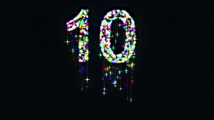 Beautiful illustration of number 10 with colorful glitter sparkles and falling stars on plain black background