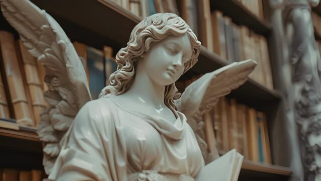 In a forgotten library a stone statue depicts a winged angel clutching a book its pages open to reveal the secrets of the unknown.