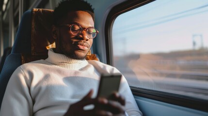 African man deeply focused on his smartphone while traveling on a train