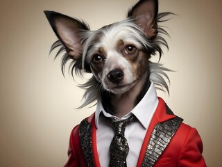 Cool looking dog wearing funky fashion jacket and tie, spike hair, abstract color background, stylish animal posing as supermodel. generative ai © Lance