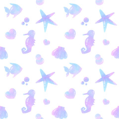 star sea ​​horse fish Animals Ocean Underwater pastel watercolor Seamless Pattern