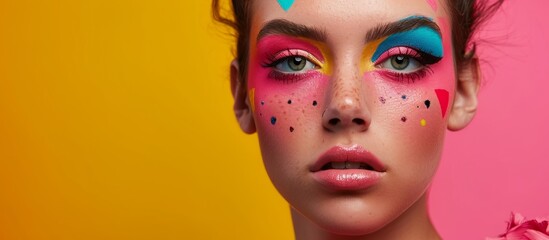 Unconventional makeup on pink background enhances the beauty of a young woman.