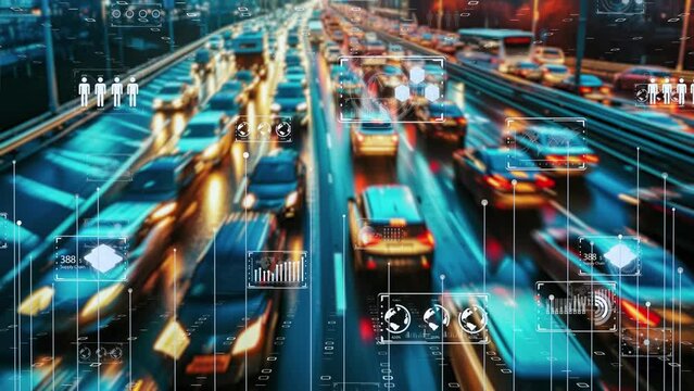 ホログラフィックインターフェースと自動車両フロー制御を備えた高度な交通システム。デジタル化した未来な交通整備システムのイメージ。