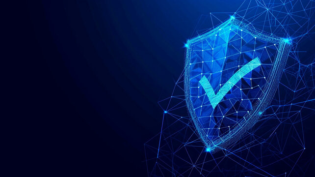 The secure technology is illustrated by a polygonal wire shield decorated with a checkmark symbol on a dark blue background. It represents a secure service that provides data protection. Generative AI