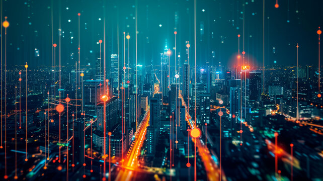 A depiction of smart city technology represented by interconnected pixels and lines, showcasing a distinctive integration of modern and innovative smart technologies . Generative AI