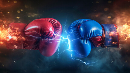 Two boxing gloves facing each other, one red, one blue. symbol of confrontation. light haze, fire and lightning between the gloves. Generative AI