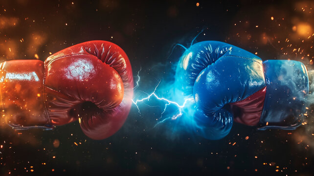 Two boxing gloves facing each other, one red, one blue. symbol of confrontation. light haze, fire and lightning between the gloves. Generative AI