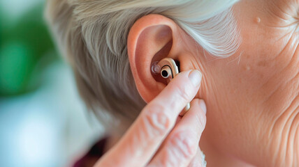 A woman inserts a modern compact hearing aid into her ear. new technologies in the fight against hearing problems. age-related deafness. Generative AI