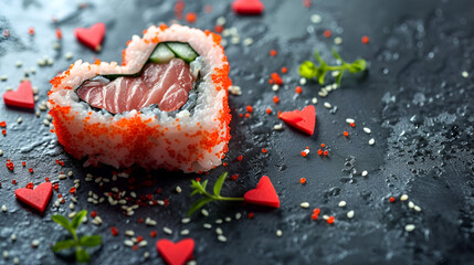 love heart shaped shushi roll for the passion and love of japanese sushi maki foor or fine dining, copy space, generative ai