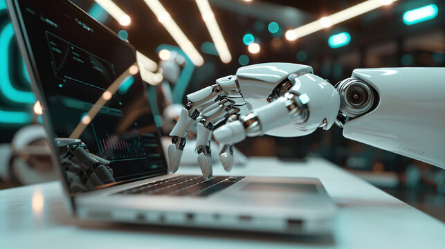 Robot hand typing on laptop keyboard.