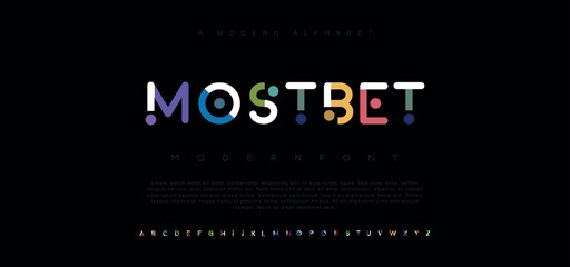Mostabet abstract digital technology logo font alphabet. Minimal modern urban fonts for logo, brand etc. Typography typeface uppercase lowercase and number. vector illustration
