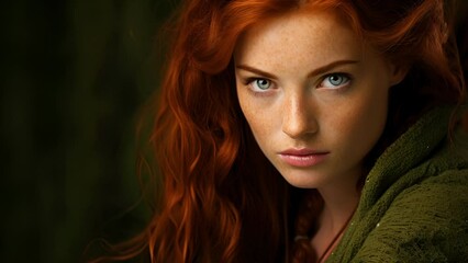 A lively Irish woman in her forties, fiery red hair complementing profound emerald eyes. traditional Celtic attire reflects her strong roots. Her resolute spirit is invaluable