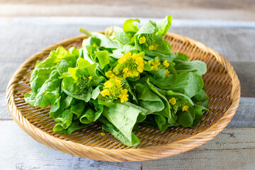 ざるに載った春の食材、菜の花 © のら
