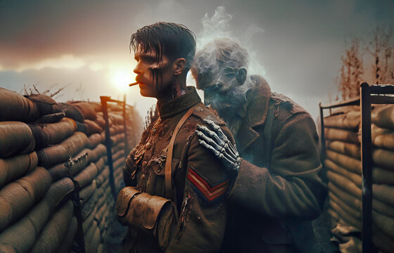 The ghostly form of a skeletal WW1 soldier places a comforting hand on the shoulder of his friend who remains on the battlefield