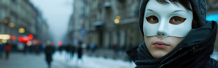 Fototapeta premium Portrait of a young man in a white mask on the street. Banner.