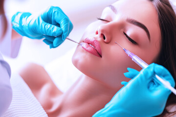 Beautician cosmetologist doing make up for hispanic girl in beauty salon