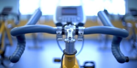 Blurred Fitness Ambiance, Exercise Bike Handlebars Set Against a Background of a Toned and Energetic Fitness Room.