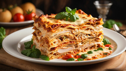 Savory layers of delicious chicken lasagna served elegantly on a pristine white plate, set against the warm backdrop of a wooden table