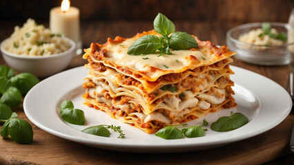 Savory layers of delicious chicken lasagna served elegantly on a pristine white plate, set against the warm backdrop of a wooden table