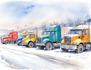 watercolor drawing Queue of trucks at the border crossing point, winter time
