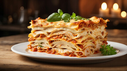 Fototapeta premium Savory layers of delicious chicken lasagna served elegantly on a pristine white plate, set against the warm backdrop of a wooden table