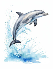 watercolor drawing Cute dolphin jumping isolated on white background.