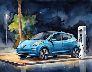 Fototapeta na wymiar watercolor drawing Electric car charging in station, night time