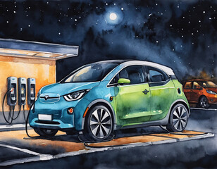 Fototapeta na wymiar watercolor drawing Electric car charging in station, night time