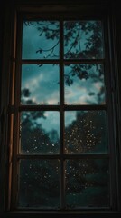 The night sky through a window. Teenage bedroom window view.