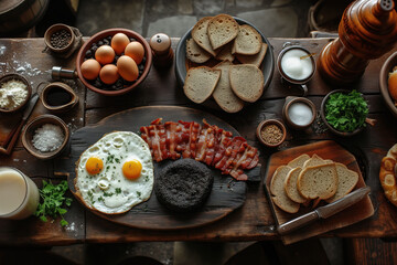 Hearty Breakfast Spread on Rustic Wooden Table