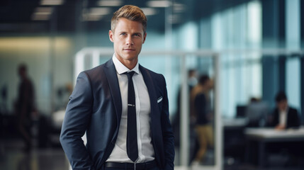 Fototapeta premium Business man smiling at office abstract backgound. Generative ai.