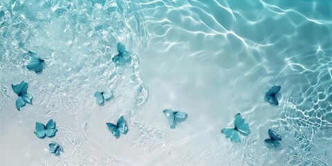Beach with blue butterflies beautiful light.