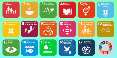 17 Sustainable Development Goals (SDGs), gradient green background, icon collection