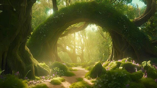 arch in an enchanted fairy forest landscape. Created with Generative AI.	
