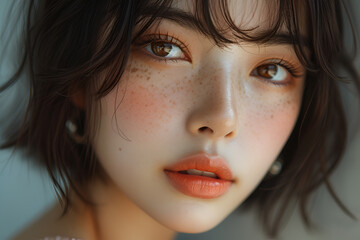 A charming teenage girl with a cute, short, and sharply styled bob haircut, brown eyes, light natural makeup, and numerous freckles on her face. AI Generated image.