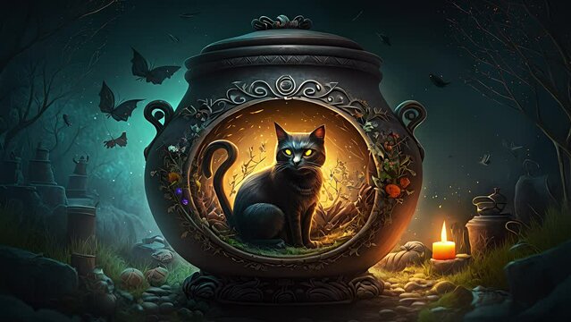 black cat with a cauldron in the cemetery. Created with Generative AI.	
