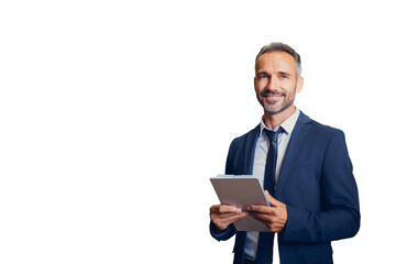 A well-dressed man smiles as he holds a tablet in a brightly lit warehouse.