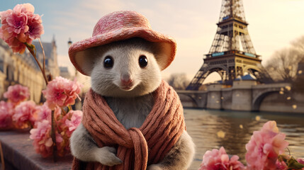 Envision a sophisticated koala in a cashmere cardigan, paired with a silk scarf and a beret. Against a backdrop of Parisian streets, it exudes artistic flair and cosmopolitan charm. The atmosphere: bo - obrazy, fototapety, plakaty