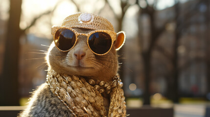 Envision a chic squirrel in a faux fur stole, paired with oversized sunglasses and a statement necklace. Against a backdrop of city parks, it exudes urban sophistication and flair. Mood: trendy and co