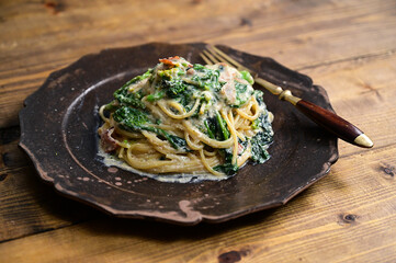 ほうれん草の明太豆乳クリームパスタ