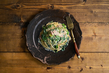 ほうれん草の明太豆乳クリームパスタ