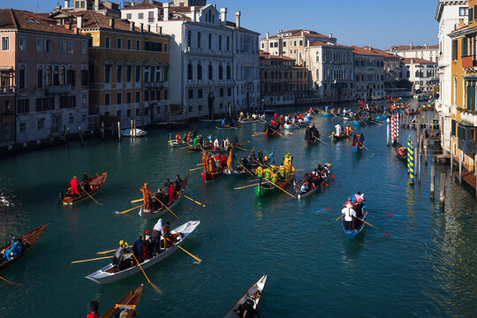 Venice Carnival Picturesque Opening Event Regatta on Gran Canal from Bridge of the Academia in direction to Rialto Bridge