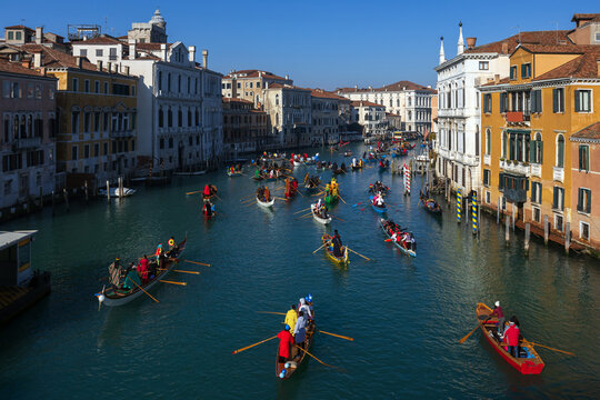 Venice Carnival Picturesque Opening Event Regatta on Gran Canal from Bridge of the Academia in direction to Rialto Bridge