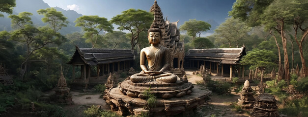 The Buddha statue is in an abandoned temple in the middle of the forest in Thailand.